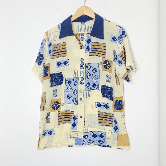 Vintage Unisex Abstract Yellow Blue Print Short Sleeve Button-Up Shirt Retro - Picture 1 of 11